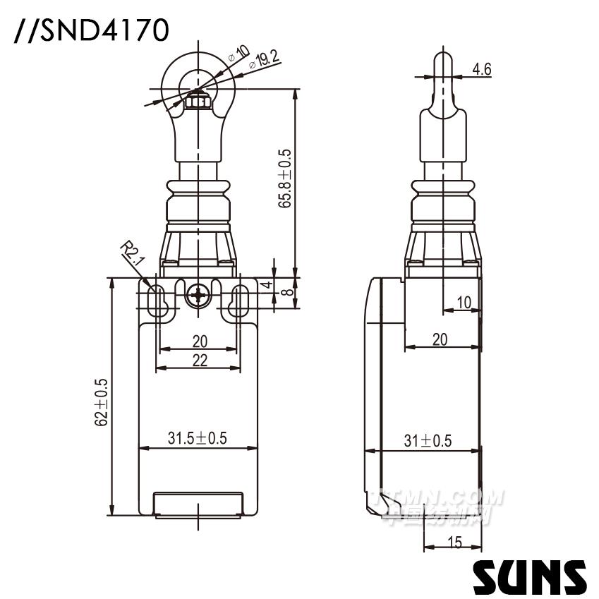 SUNS美國(guó)三實(shí)自復(fù)位拉繩開關(guān)SND4170安全拉繩開關(guān) 單向動(dòng)作式拉繩開關(guān) 尺寸圖